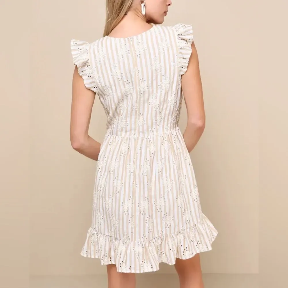 Lulus Sunny Crush Striped Embroidered Mini Dress Beige/Ivory M NWT IN PACKAGE - Picture 2 of 7
